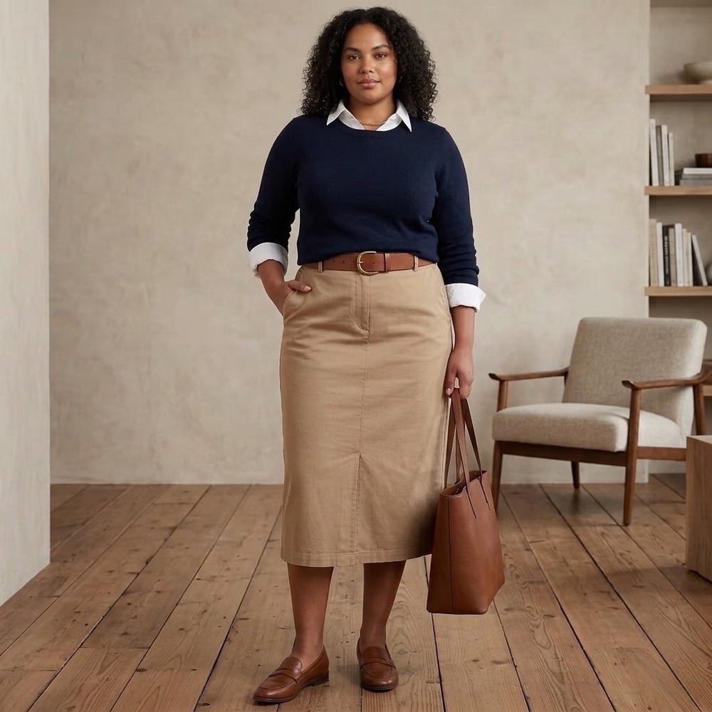 Self Contrast Anthropologie Khaki Midi Skirt Plus Size 2X Cotton Blend CS-9240